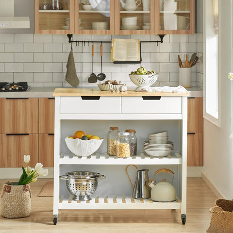 Sobuy virtuves sala uz riteņiem virtuves skapīši ar 2 atvilktņu darba galdu balts FKW74-wn